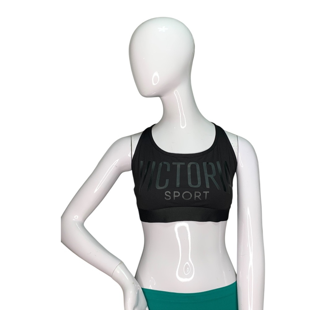 Victoria Sport Black Racer Back Sport Bra Front Logo Print Size L